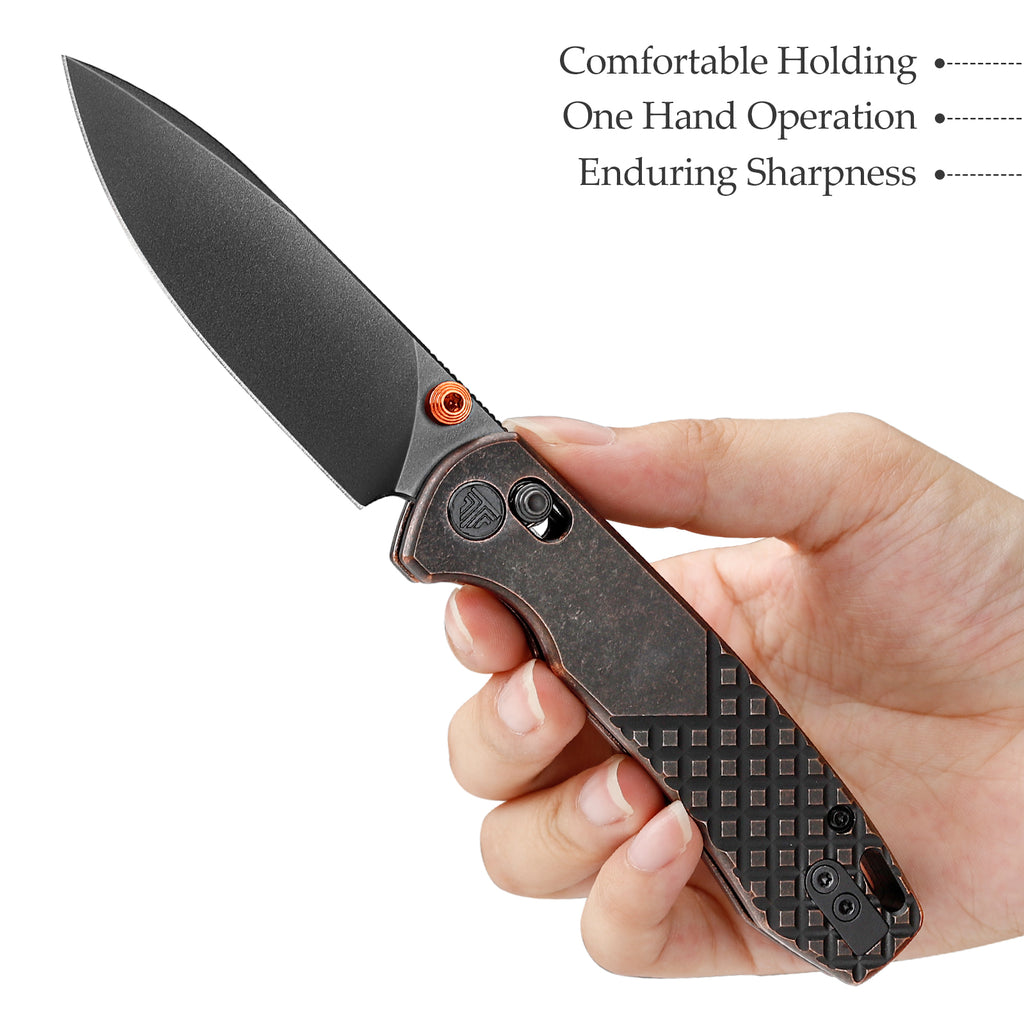 Side view of TRIVISA Dragonfly-CU JM03-CU-14 with textured handle and blade specifications