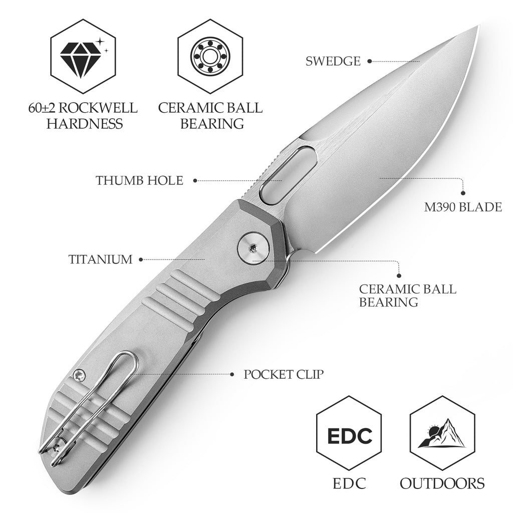 TRIVISA titanium handle with ceramic ball bearing and pocket clip for outdoor use
