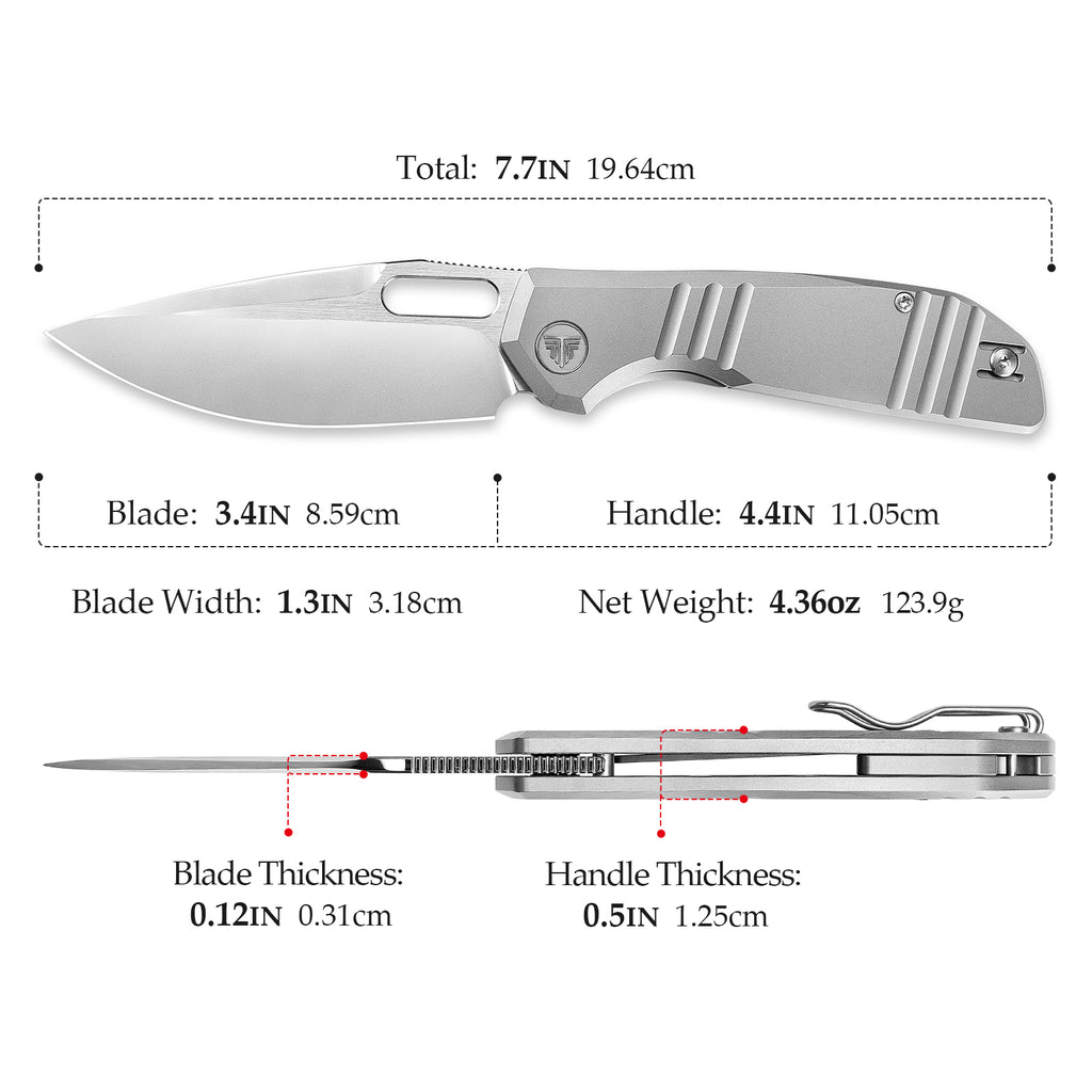 TRIVISA folding knife with 3.4" drop point blade, titanium handle, and liner lock