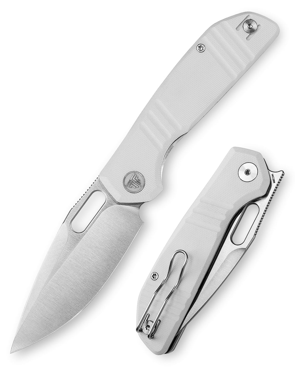 TRIVISA Gecko-WG JM04-WG-14 front view – 3.4" satin 14C28N drop point folding knife with white G10 handle