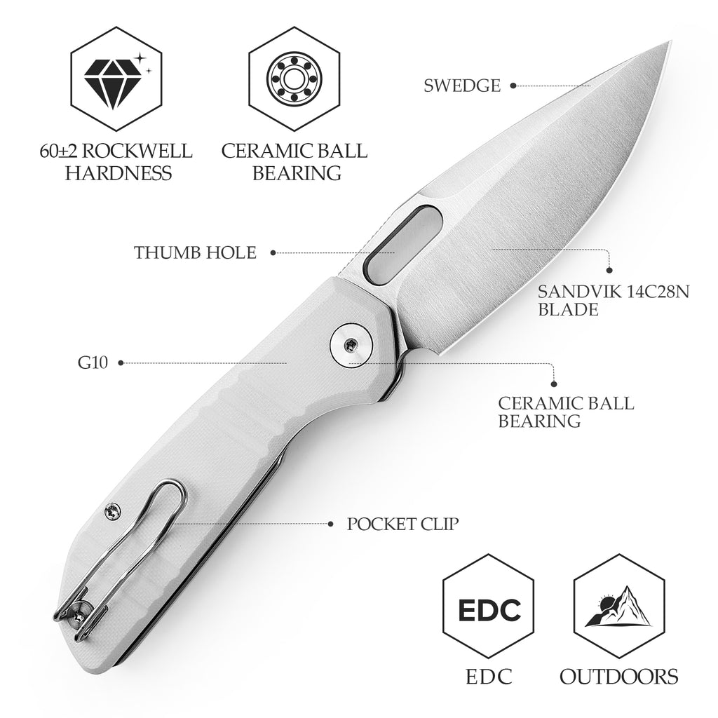 TRIVISA Gecko-WG JM04-WG-14 blade detail – satin 14C28N drop point and white G10 handle
