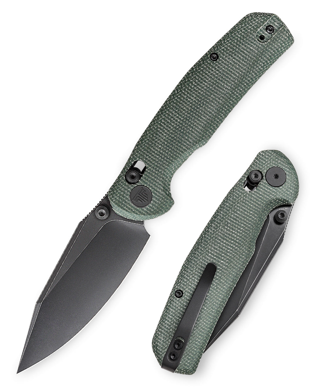 Green Micarta handle folding knife with black drop point blade