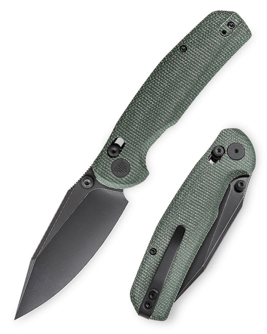 Green Micarta handle folding knife with black drop point blade