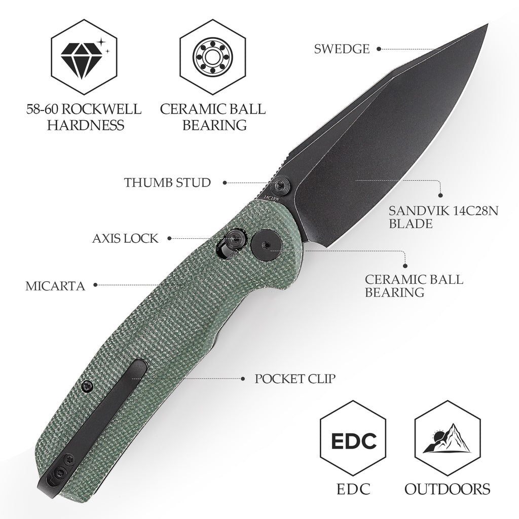 Folding knife with green Micarta handle, black blade, and pocket clip