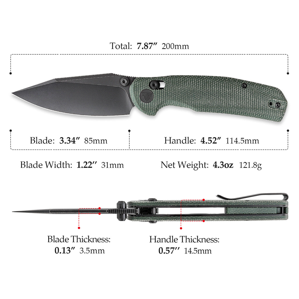 Open and closed view of green Micarta handle lock knife with black blade
