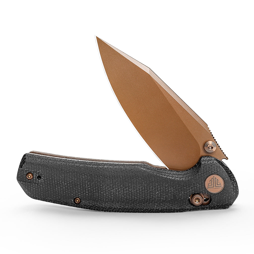 Open folding knife showing bronze blade