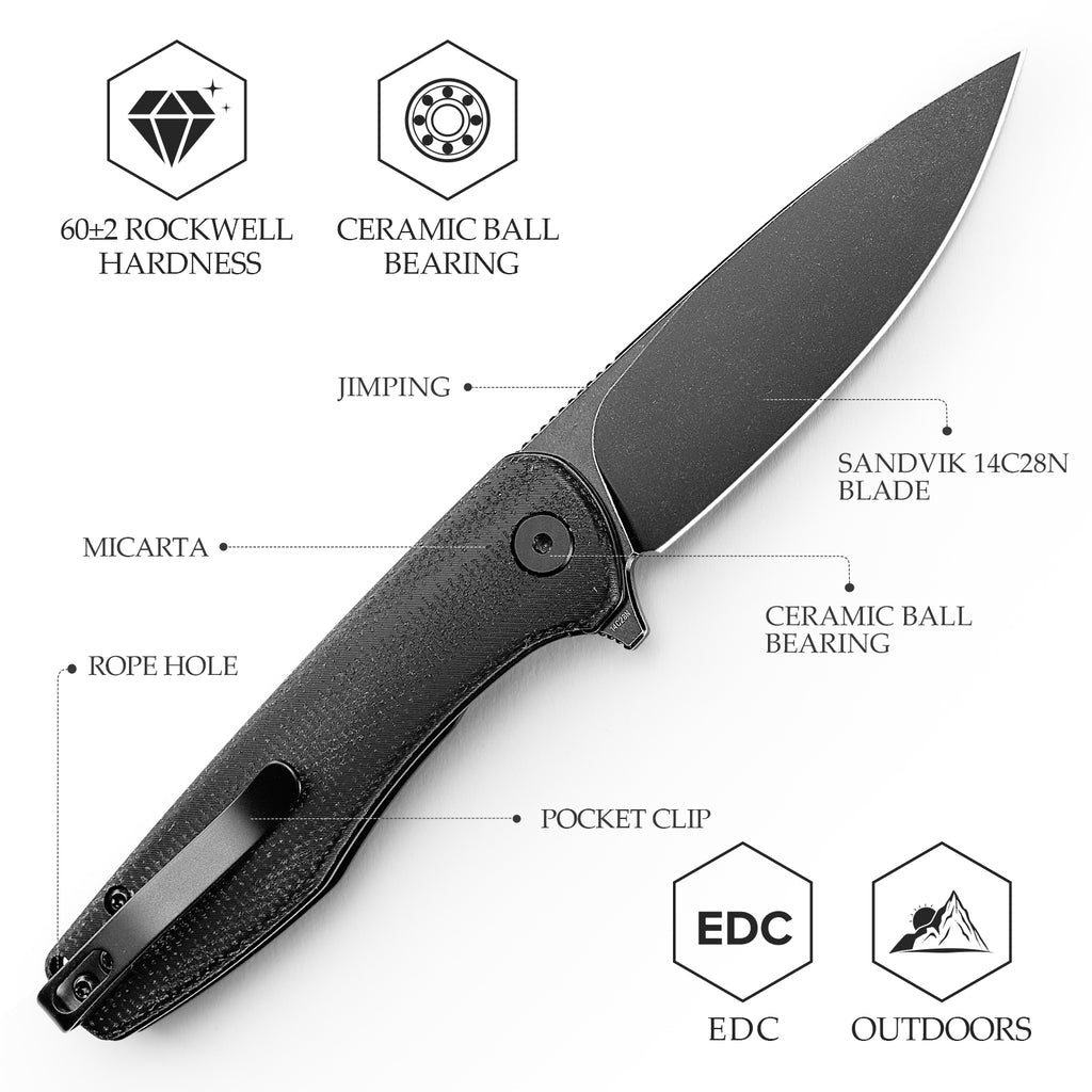 TRIVISA folding knife with black Micarta handle, pocket clip, and detailed blade specifications