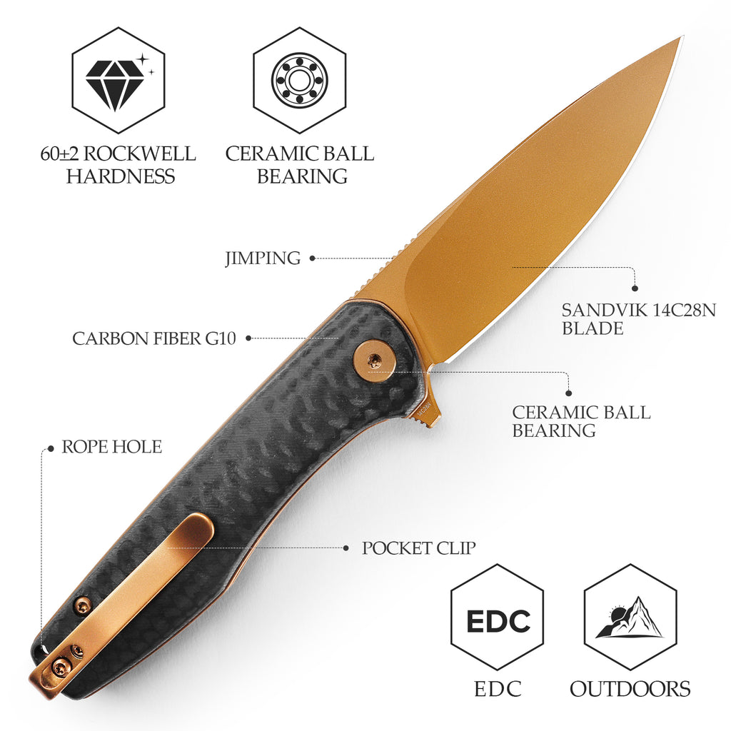 TRIVISA Hummingbird-CG folding knife with gold blade and carbon fiber handle