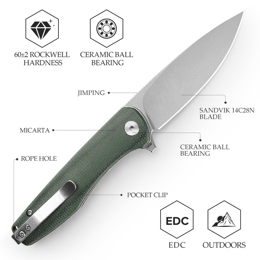 Close-up of TRIVISA Hummingbird-GM JM07-GM-14 folding knife with green Micarta handle and blade details