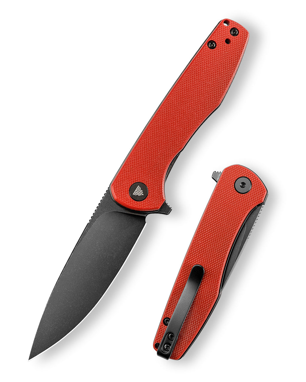 Red folding knife with black blade and textured handle
