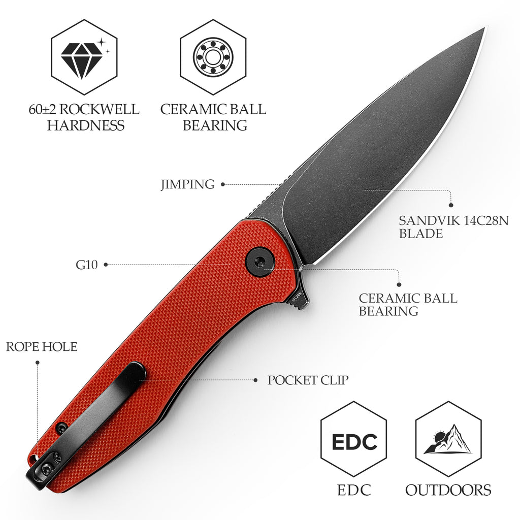 Knife with red handle and black blade, side view