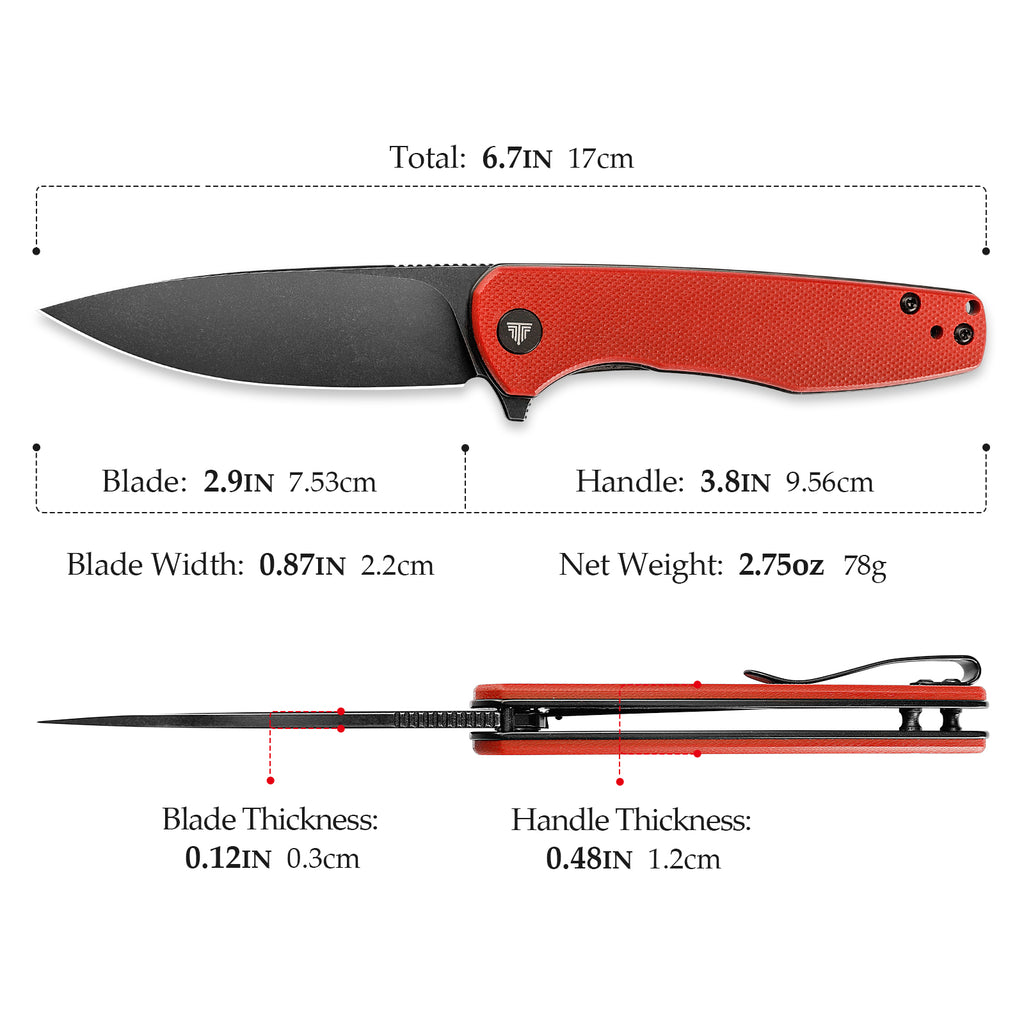 Red pocket knife with black blade and textured handle