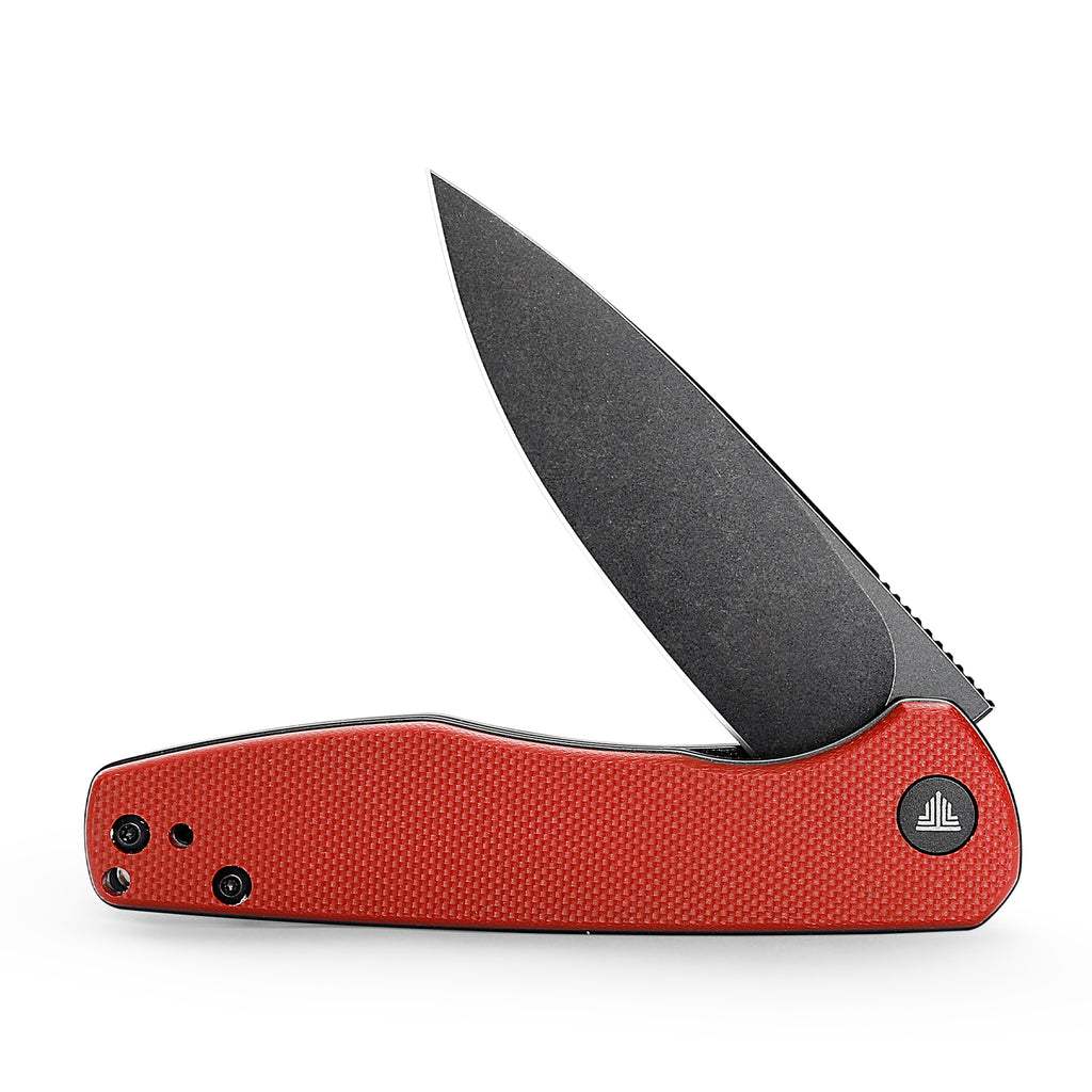 Red folding knife with black blade, side profile