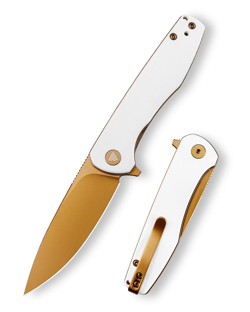 TRIVISA Hummingbird-WG JM07-WG-14 2.9" drop point folding knife with white G10 handle and gold blade