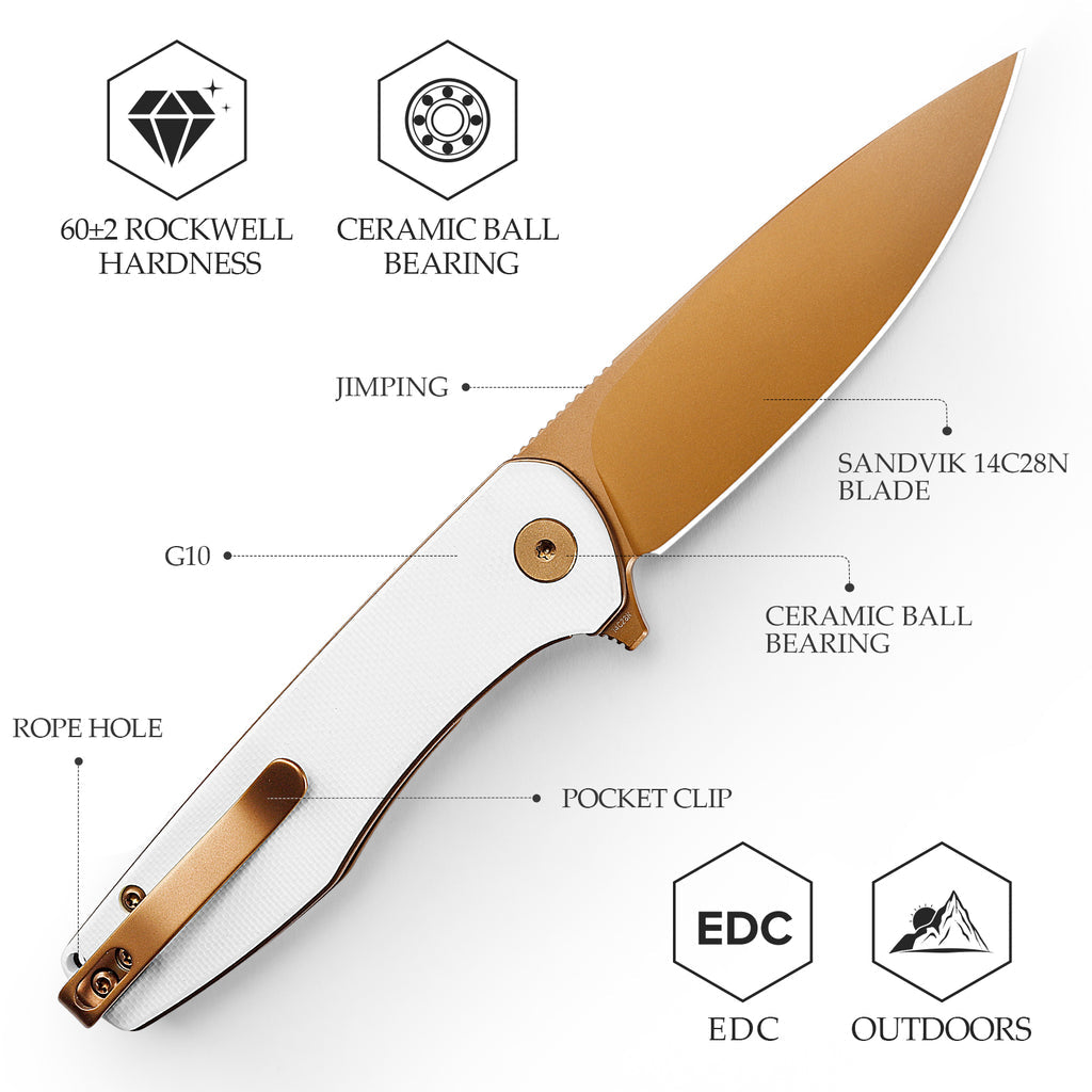 Close-up of TRIVISA Hummingbird-WG JM07-WG-14 folding knife with white handle, gold blade, and detailed blade specifications