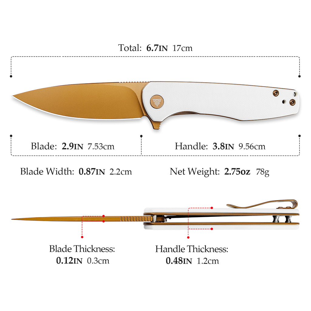 Side view of TRIVISA Hummingbird-WG JM07-WG-14 folding knife showing handle, blade, and pocket clip in white and gold finish