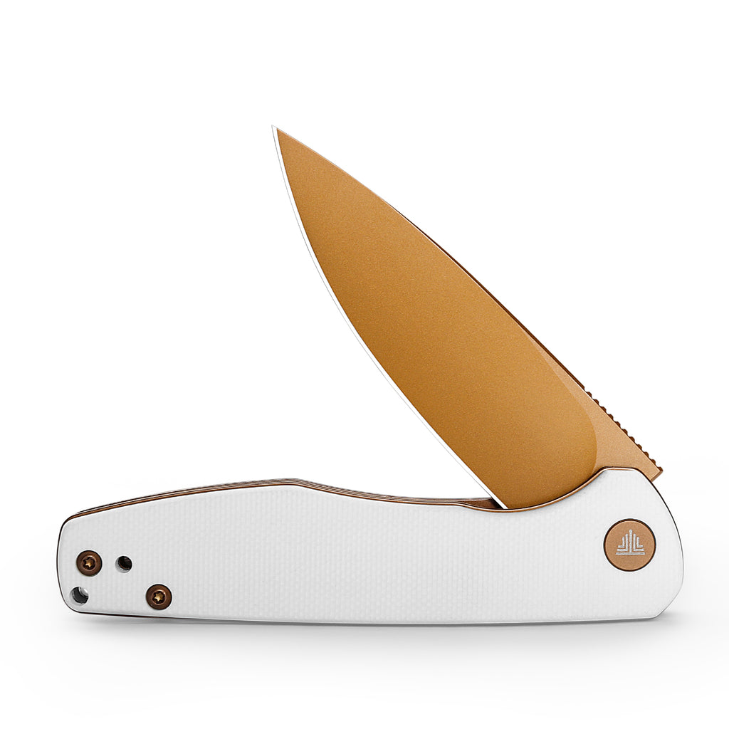 TRIVISA Hummingbird-WG JM07-WG-14 folding knife with open blade, white handle, and gold accents, highlighting ergonomic design