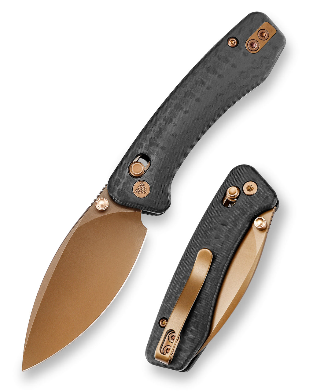 Black and bronze folding knife with carbon fiber handle and drop point blade