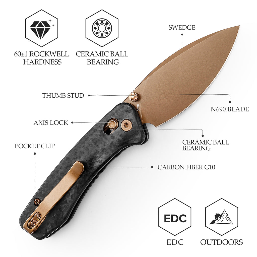 Close-up of black and bronze folding knife with handle and blade details