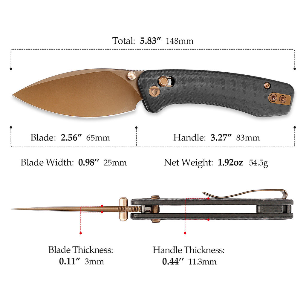 Black and bronze folding knife with pocket clip and ergonomic handle