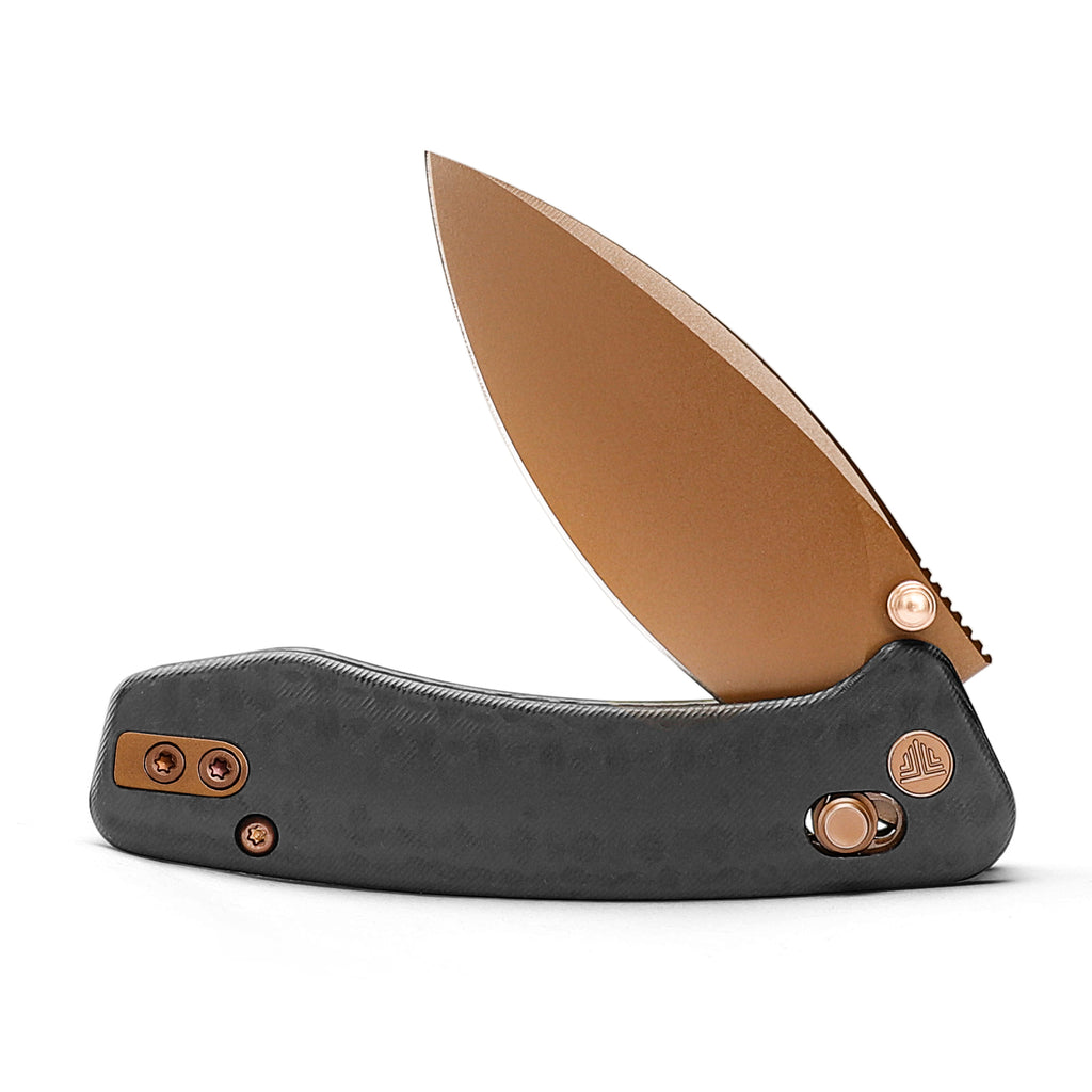 Black and bronze folding knife with blade open and handle with thumb stud