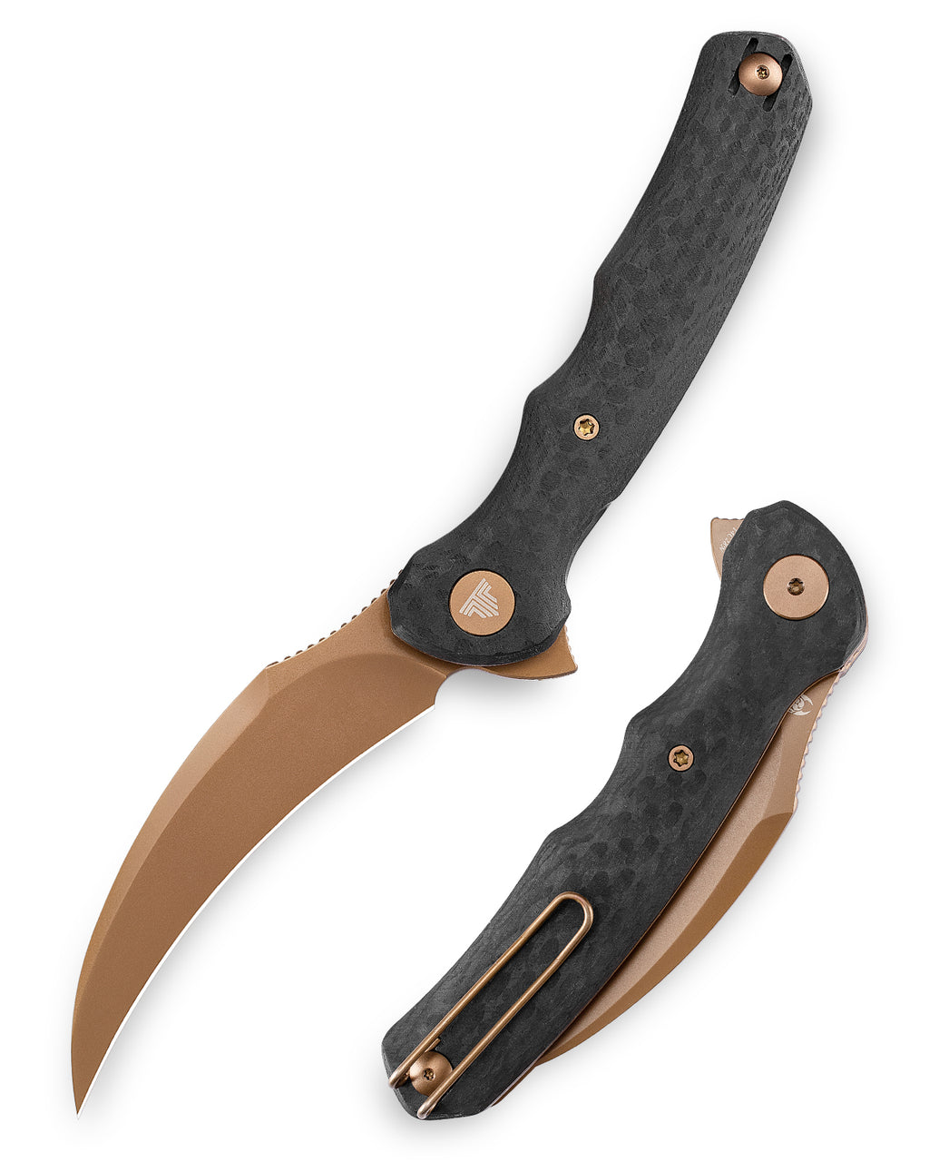 Black carbon fiber handle with rose gold accents and curved blade