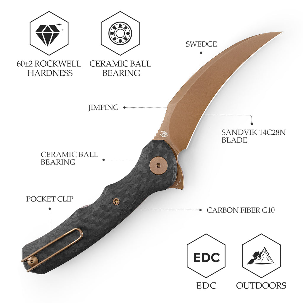 Close-up of black handle with pocket clip and blade details