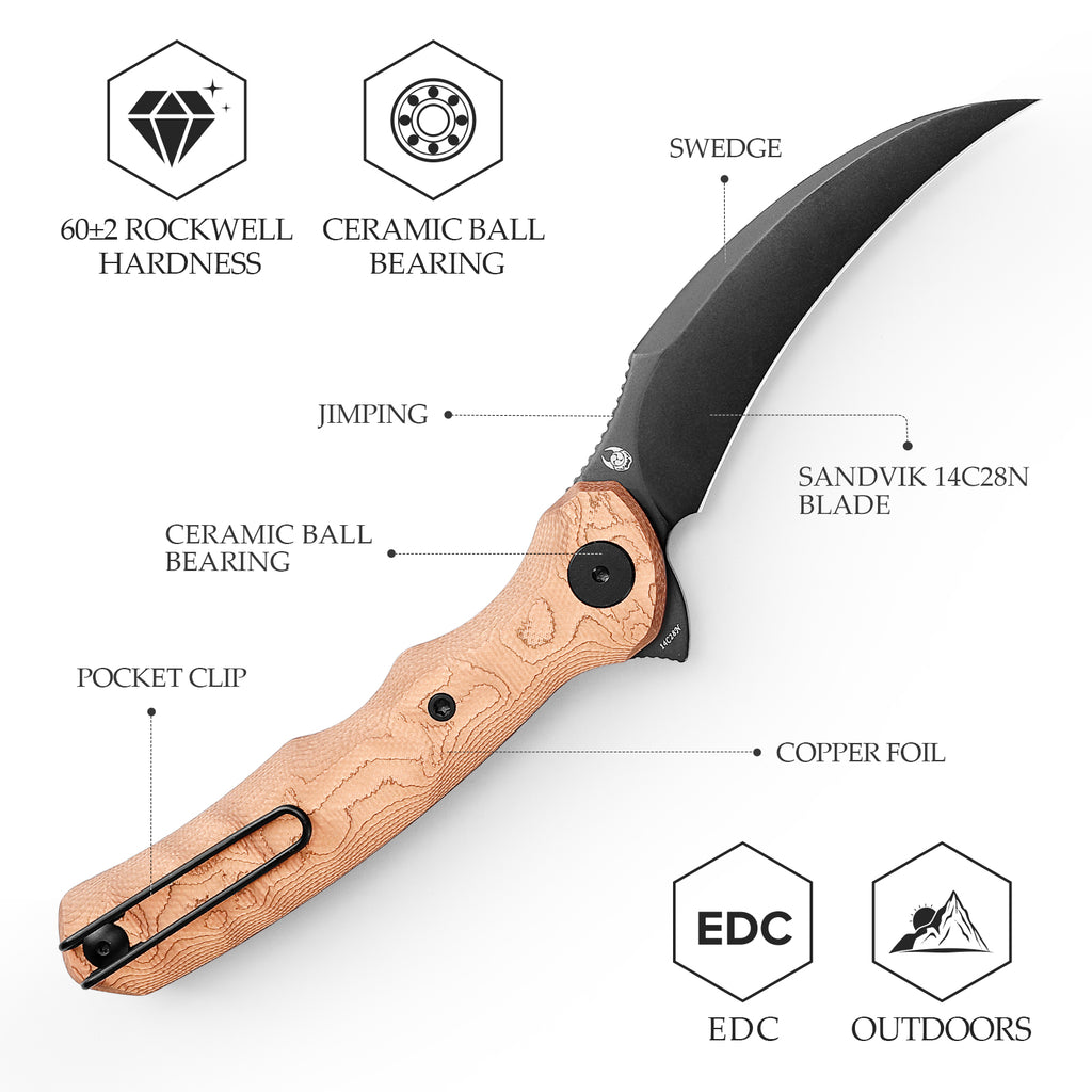 Close-up of TRIVISA Lacerta-CU folding knife with detailed blade and handle