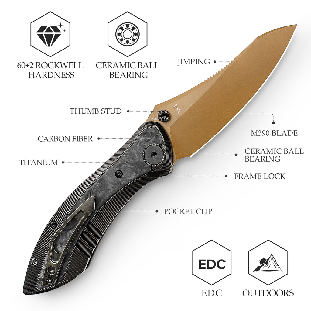 Close-up of TRIVISA Rhino-RG JM08-RG-M folding knife with carbon fiber handle and drop point blade