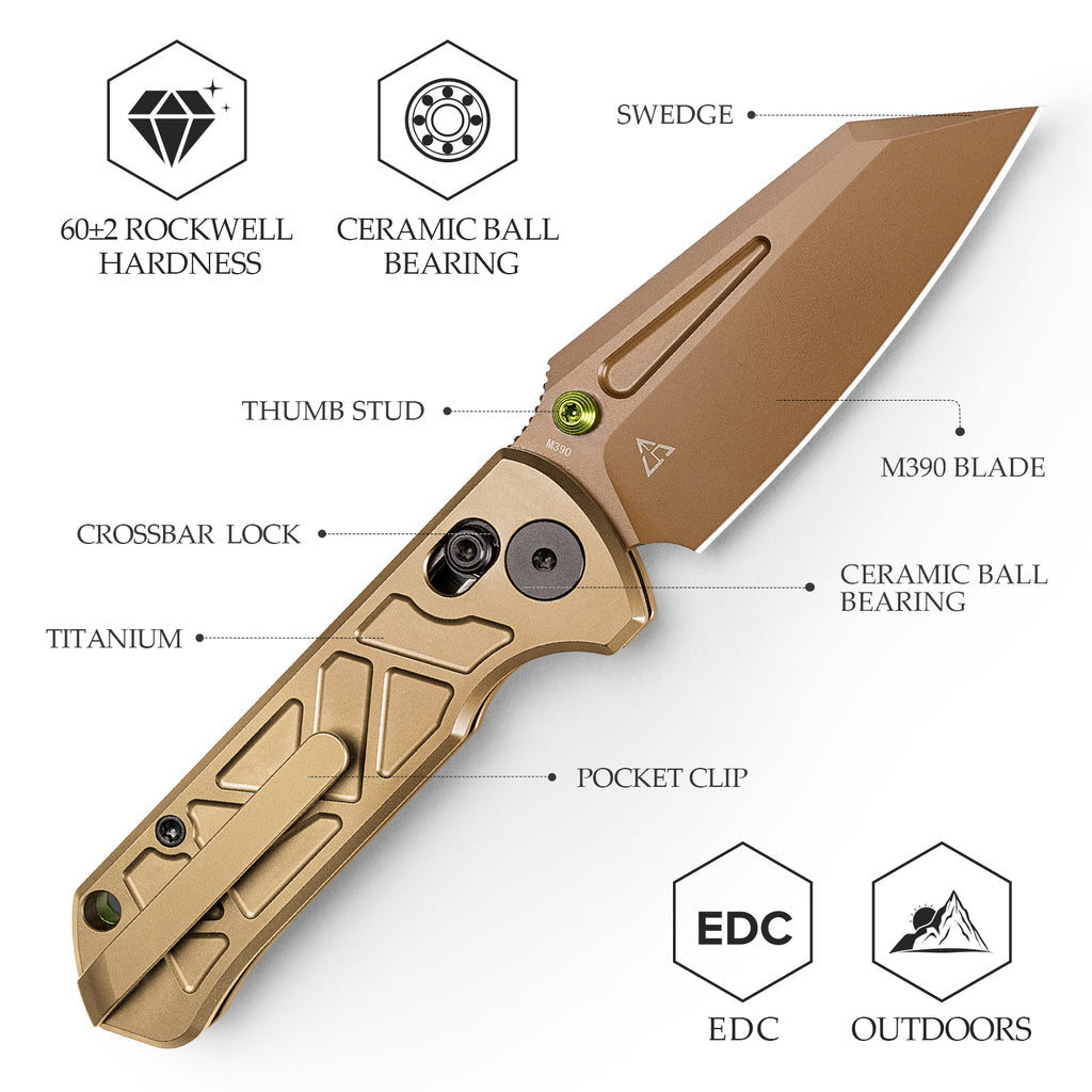 Detailed view of TRIVISA Skarn-RG JM11-RG-M folding knife with blade and handle labels