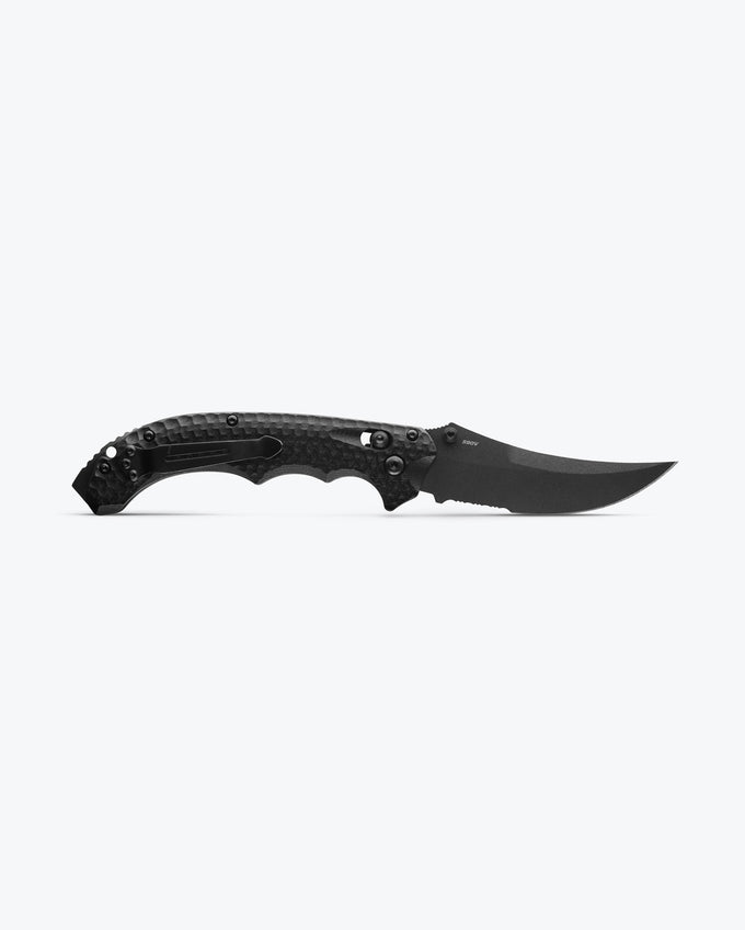 Benchmade Mini Bedlam 865SBK open position showing serrated CPM-S90V scimitar blade