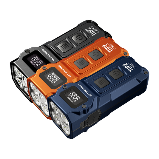 Nitecore TUP2 1200 lumen MCT keychain EDC flashlight front view - black, blue, and orange colors