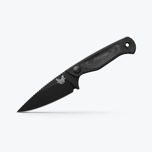 Benchmade Dacian 203BK-02 front view – 3.54″ black Cerakote CPM-MagnaCut spear point fixed blade, black Micarta