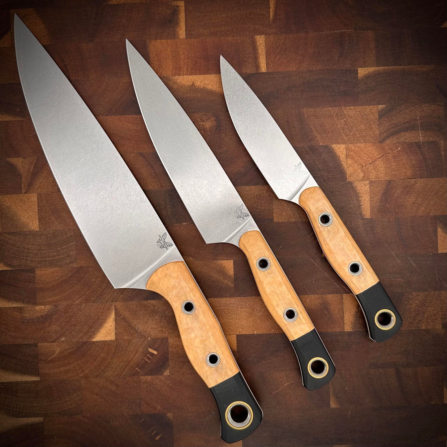Benchmade 4000-02 three piece kitchen knife set with 8 inch chef, utility and paring knives in stonewashed CPM-154 with Maple Valley Richlite handles