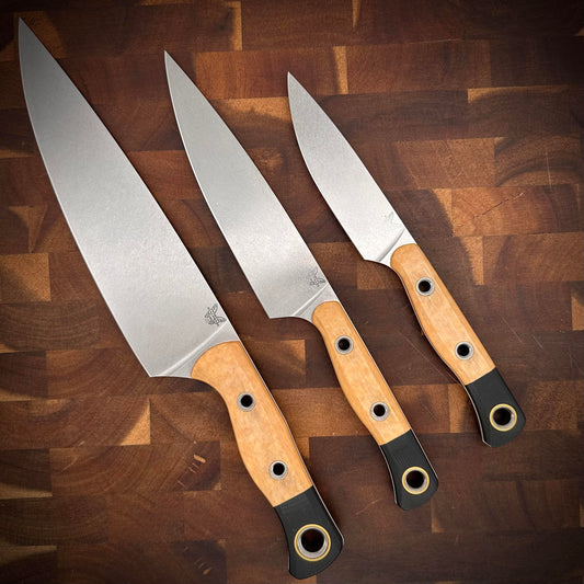 Benchmade 4000-02 three piece kitchen knife set with 8 inch chef, utility and paring knives in stonewashed CPM-154 with Maple Valley Richlite handles
