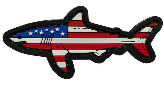 US Flag Shark Morale Patch USSHARK-FC front view – 2.95″ x 1.38″ die-cut shark with American flag 3D PVC patch