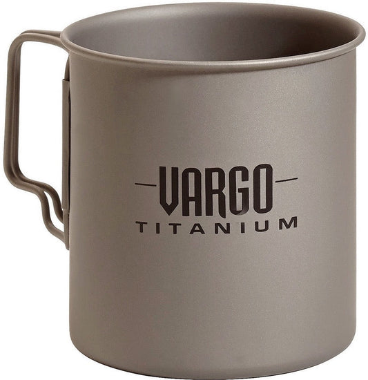 Vargo Titanium 450 Travel Mug VAR-TravelMug-Ti front view – 450 ml titanium travel mug with folding handles