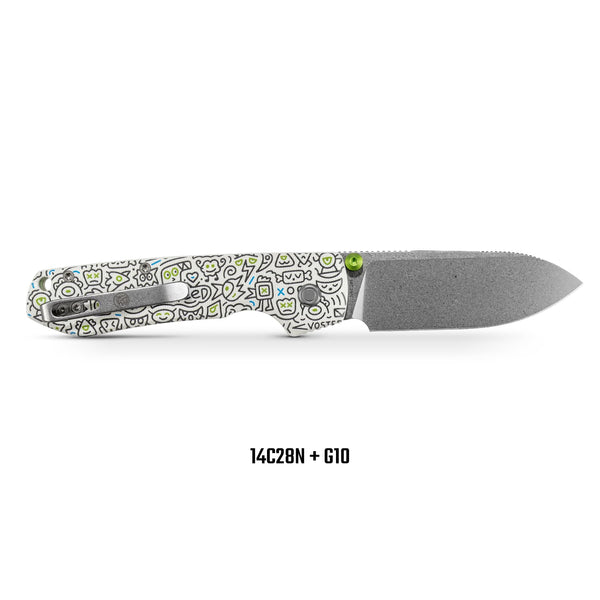 Vosteed Raccoon A2933 3.25" 14C28N Drop Point - Doodle Monster G10 Top Liner Lock