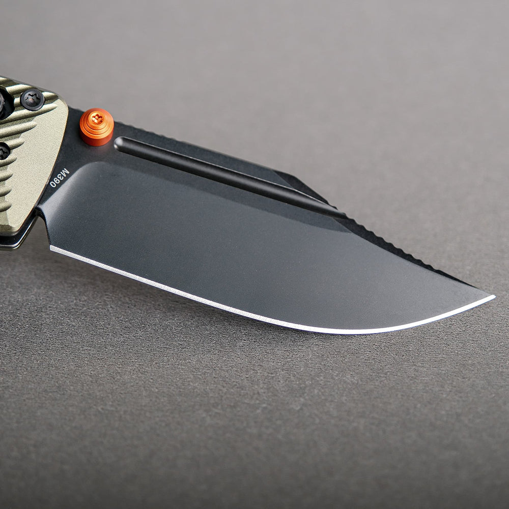Vosteed Vombat Crossbar Lock Knife 2.92" M390 Black Stonewash Bowie Blade Olive Green Aluminum A4102
