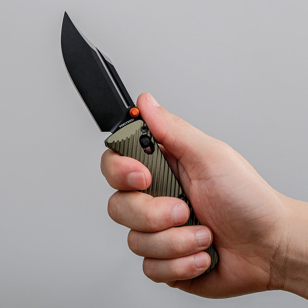 Vosteed Vombat Crossbar Lock Knife 2.92" M390 Black Stonewash Bowie Blade Olive Green Aluminum A4102