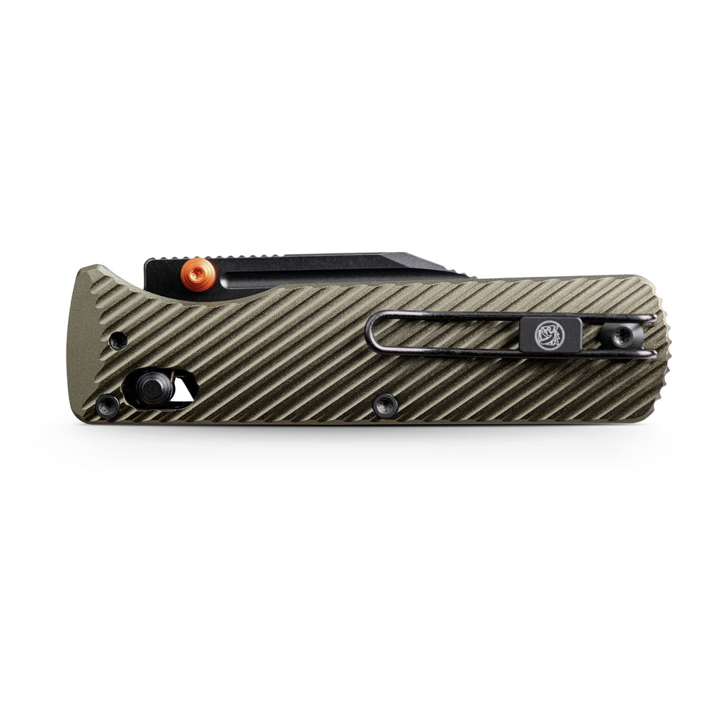 Vosteed Vombat Crossbar Lock Knife 2.92" M390 Black Stonewash Bowie Blade Olive Green Aluminum A4102