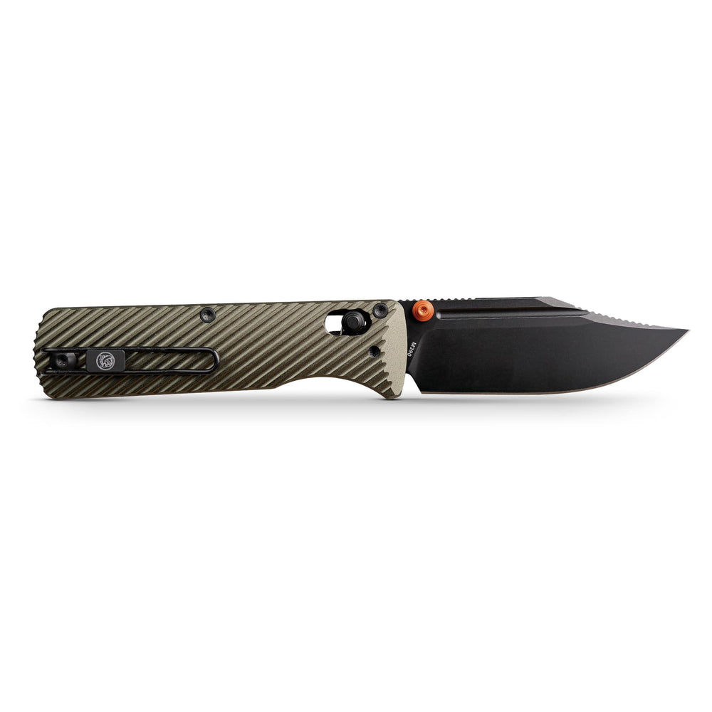 Vosteed Vombat Crossbar Lock Knife 2.92" M390 Black Stonewash Bowie Blade Olive Green Aluminum A4102