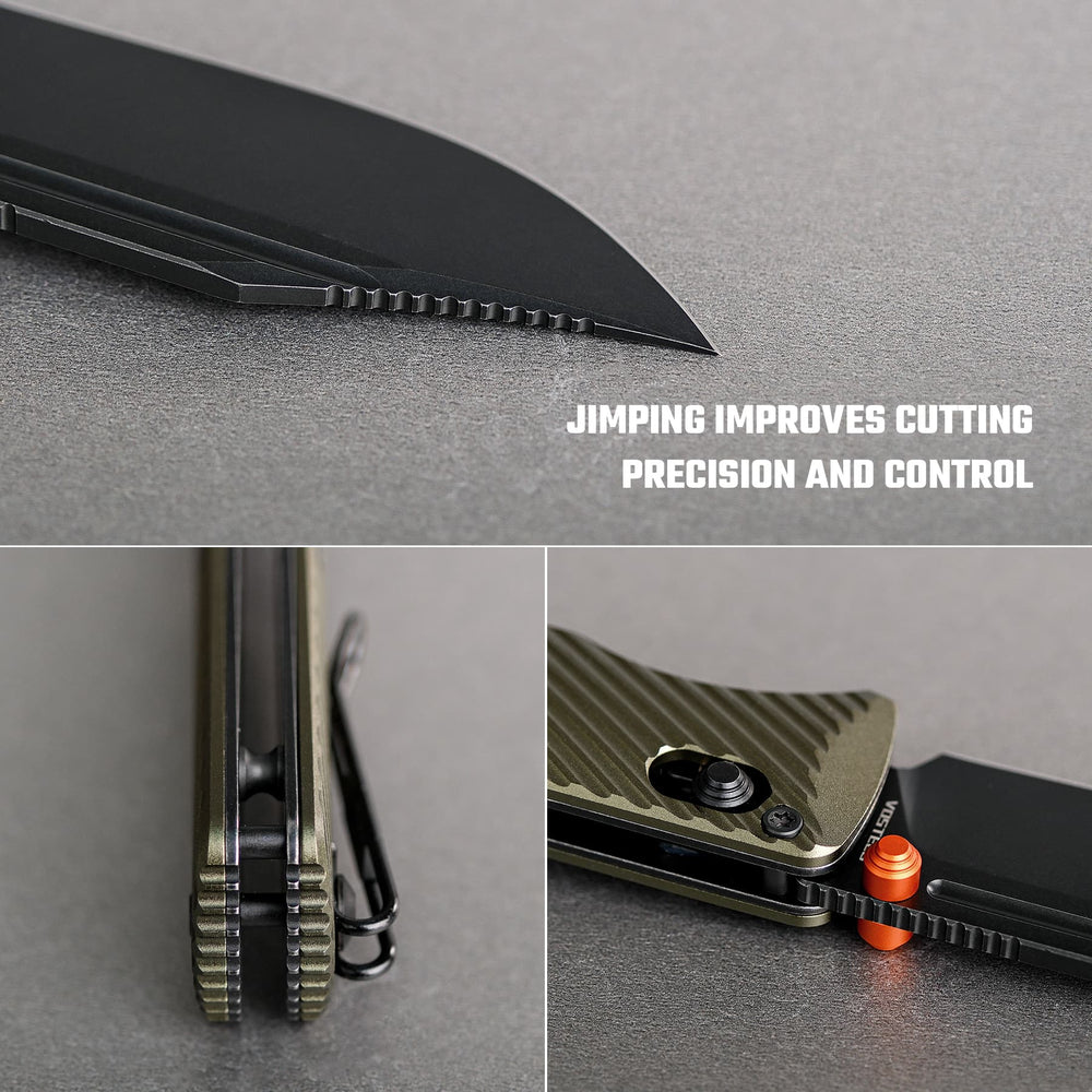 Vosteed Vombat Crossbar Lock Knife 2.92" M390 Black Stonewash Bowie Blade Olive Green Aluminum A4102