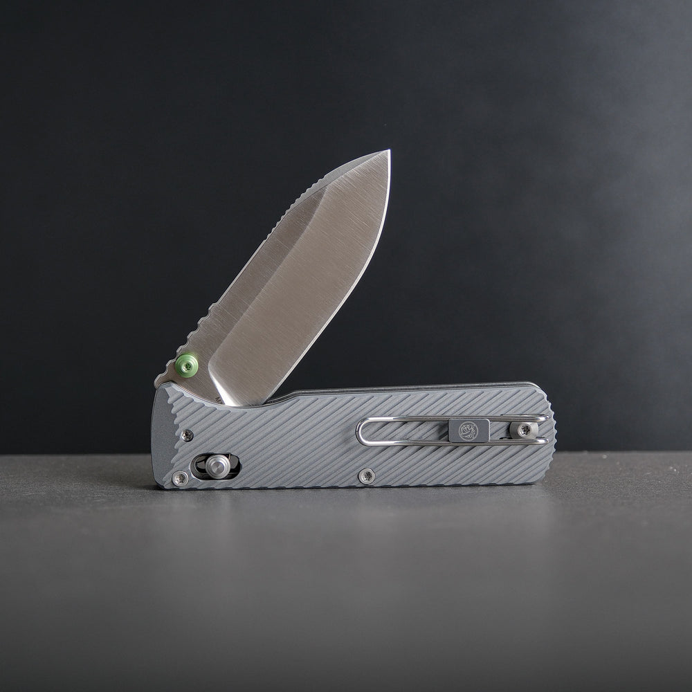 Vosteed Vombat Crossbar Lock Knife 2.92" M390 Satin Zulu Blade Gray Aluminum Handle A4104