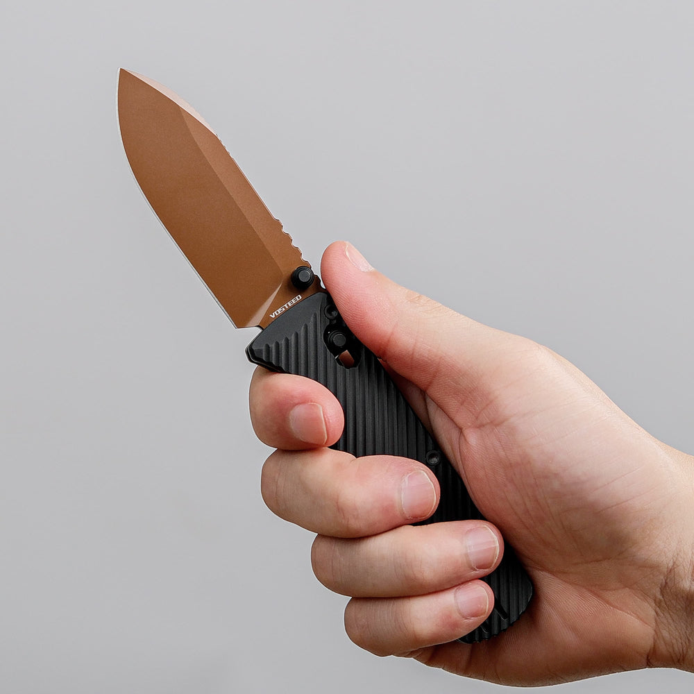Vosteed Vombat Crossbar Lock Knife 2.92" M390 Copper Dune Blade Black Aluminum Handle A4107