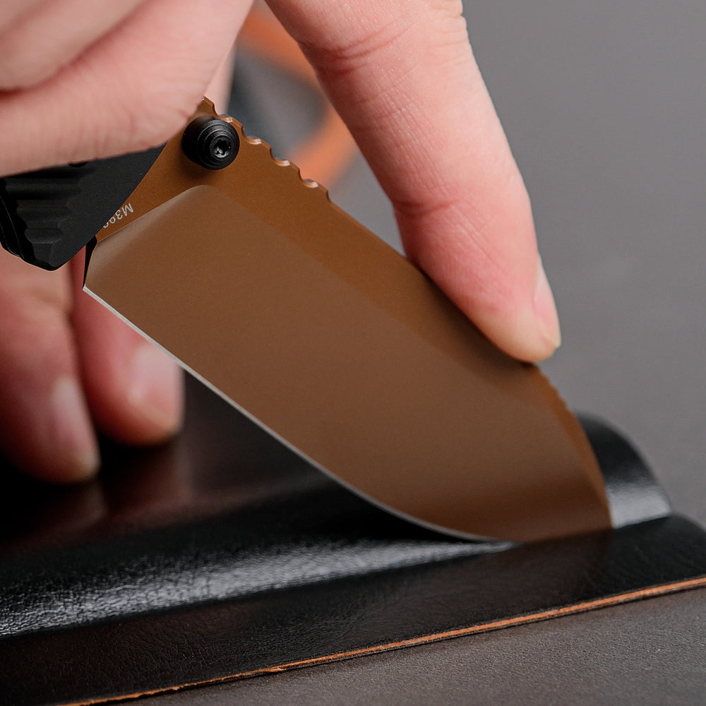 Vosteed Vombat Crossbar Lock Knife 2.92" M390 Copper Dune Blade Black Aluminum Handle A4107