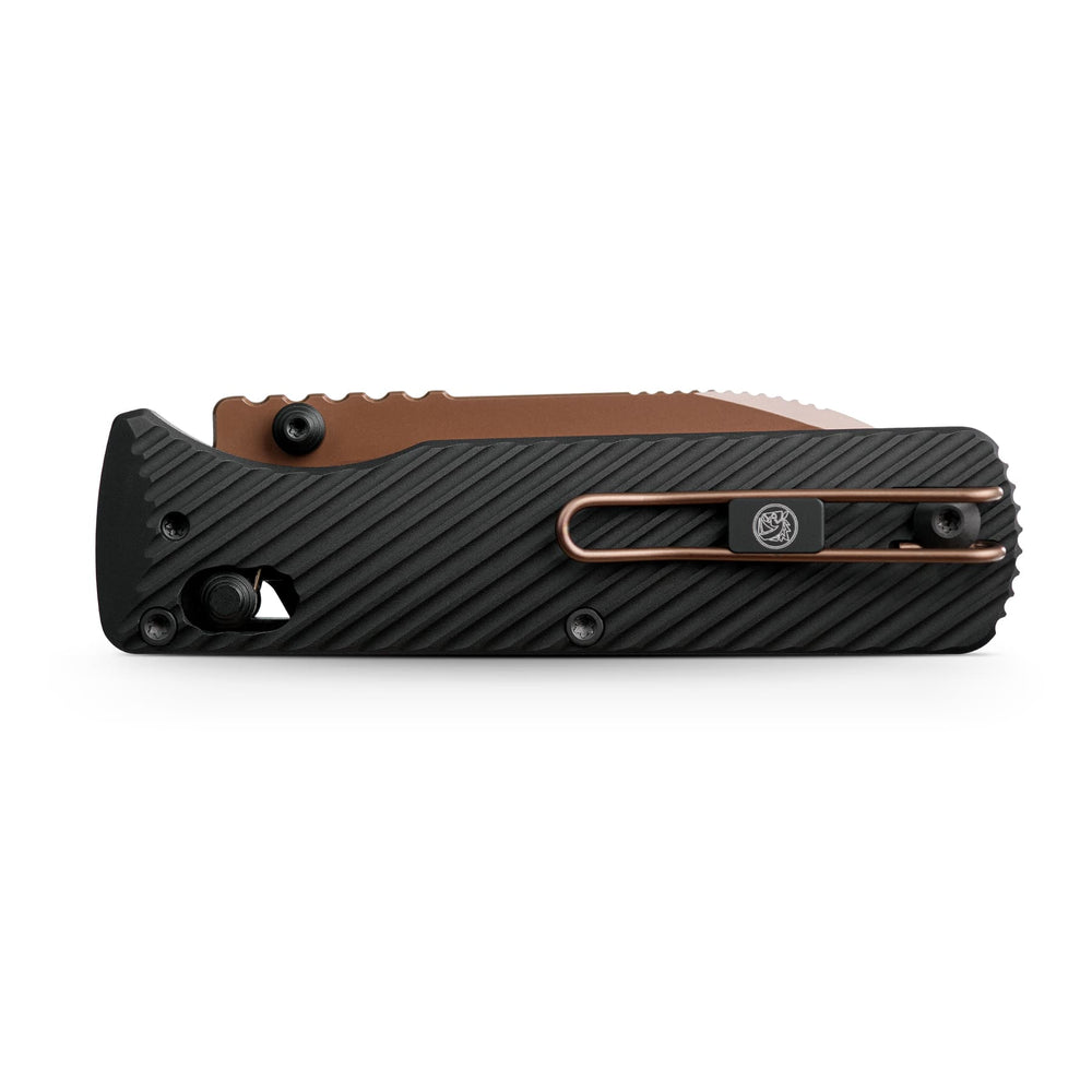 Vosteed Vombat Crossbar Lock Knife 2.92" M390 Copper Dune Blade Black Aluminum Handle A4107