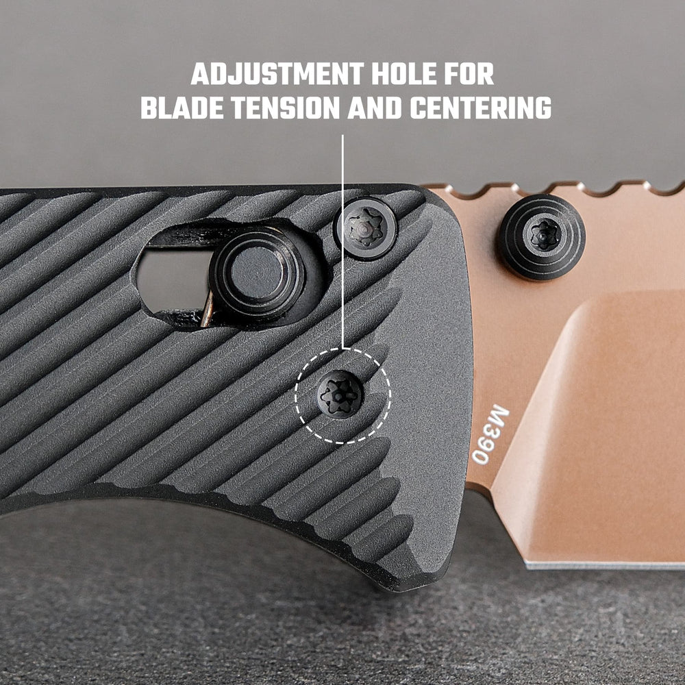Vosteed Vombat Crossbar Lock Knife 2.92" M390 Copper Dune Blade Black Aluminum Handle A4107