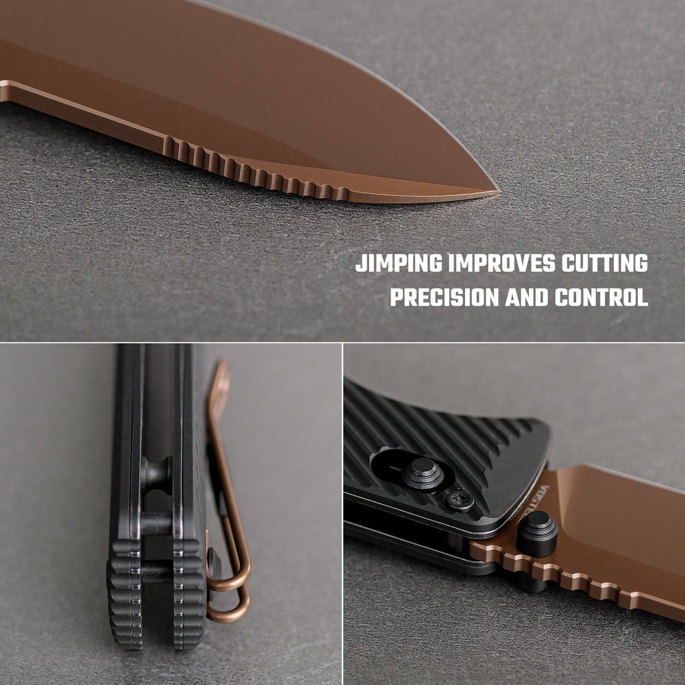Vosteed Vombat Crossbar Lock Knife 2.92" M390 Copper Dune Blade Black Aluminum Handle A4107
