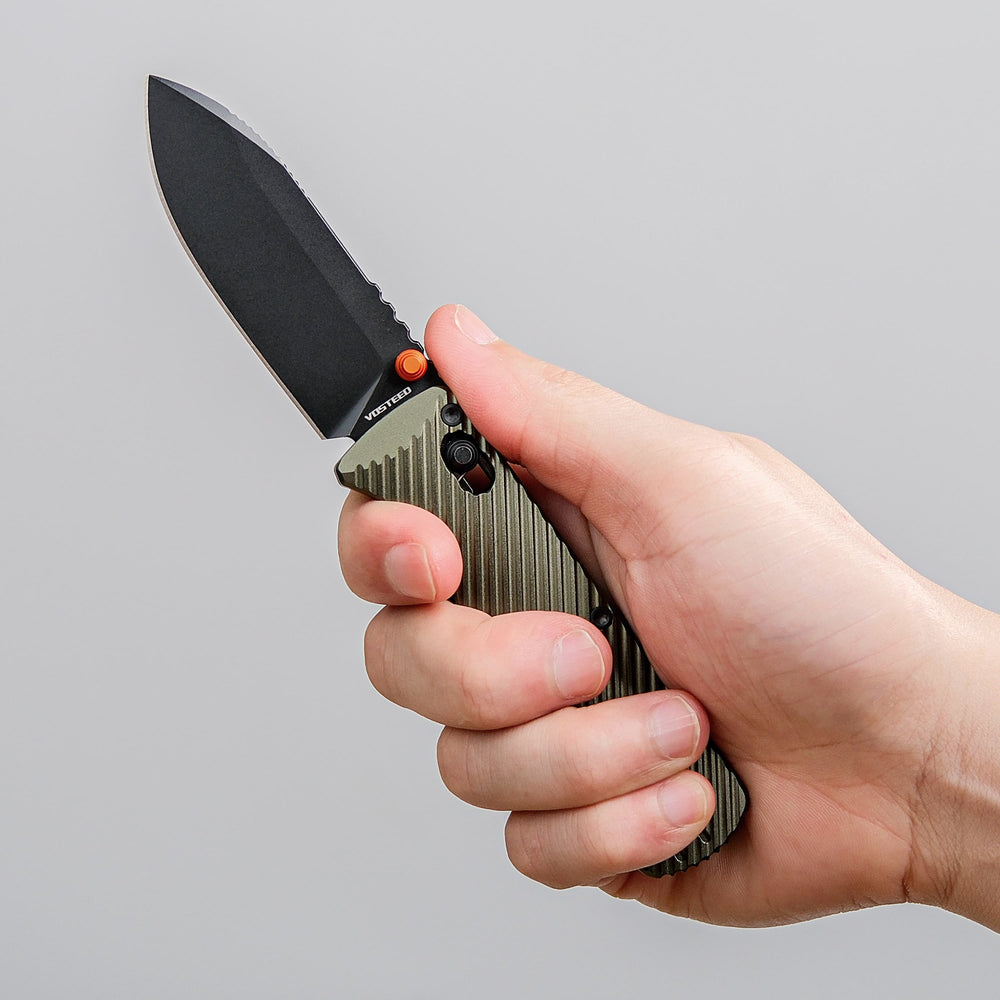 Vosteed Vombat Crossbar Lock Knife 2.92" M390 Black Stonewash Blade Olive Green Aluminum Handle A4105